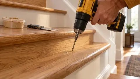 A drill driving a screw through the front of an oak stair tread into the riser below, with wood filler on the step above