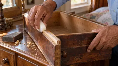 Rubbing a paraffin wax bar along the wooden runner of an old dresser drawer
