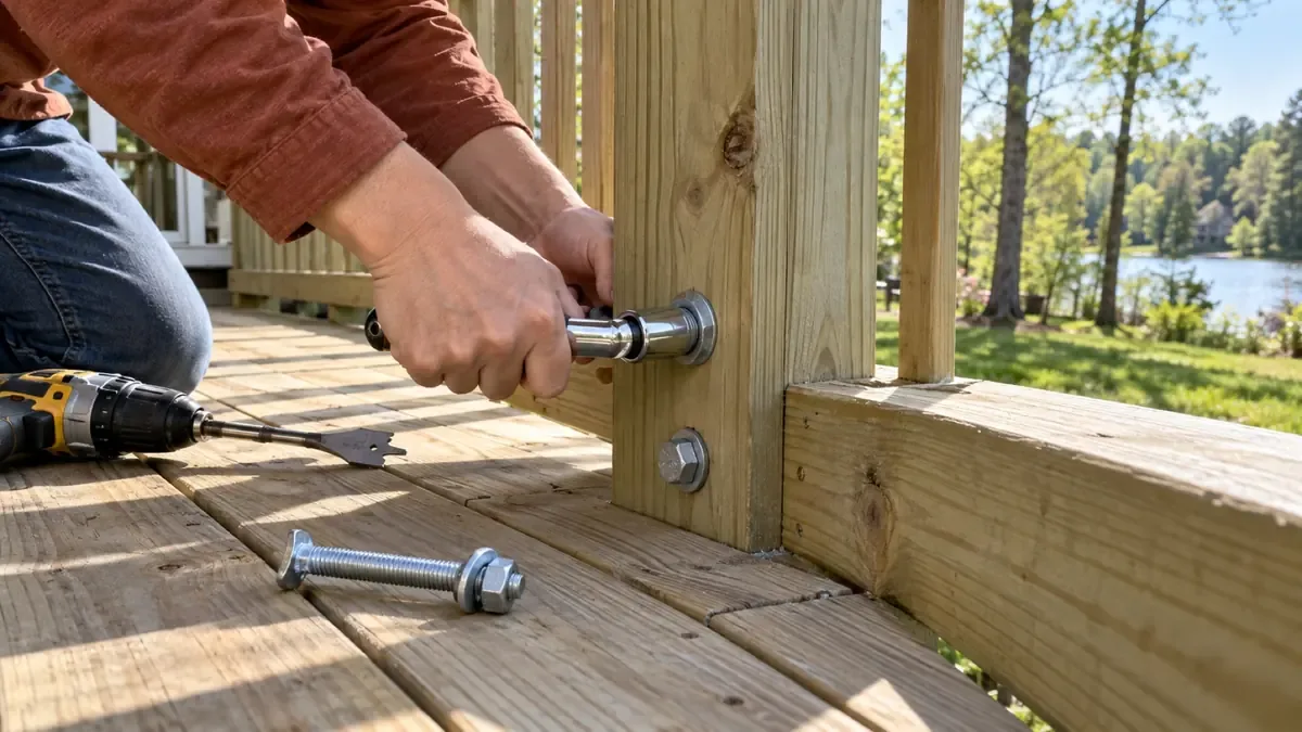 Tightening a carriage bolt through a deck railing post with a socket wrench