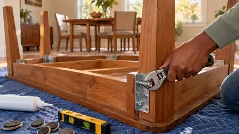 Tightening a corner bracket bolt on an upside-down wooden table with an adjustable wrench