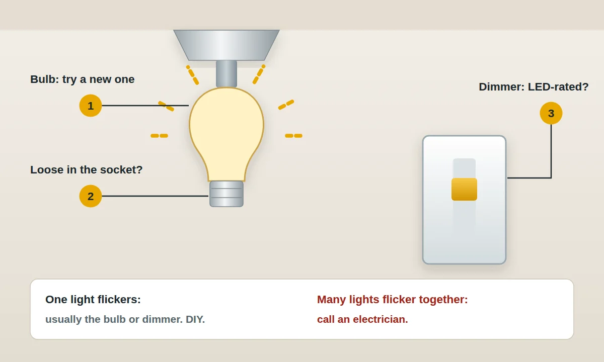 Flickering light troubleshooting: bulb, socket and dimmer switch, with one light vs many lights explained