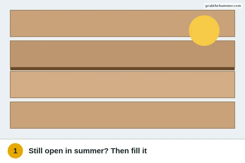 Hardwood boards in late summer with a gap still open, meaning it's a permanent gap
