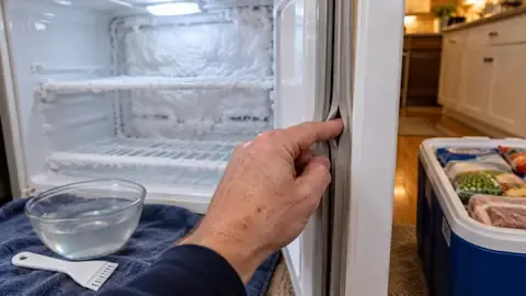 Checking a gap in the door gasket of a frosted-over freezer, with food moved to a cooler