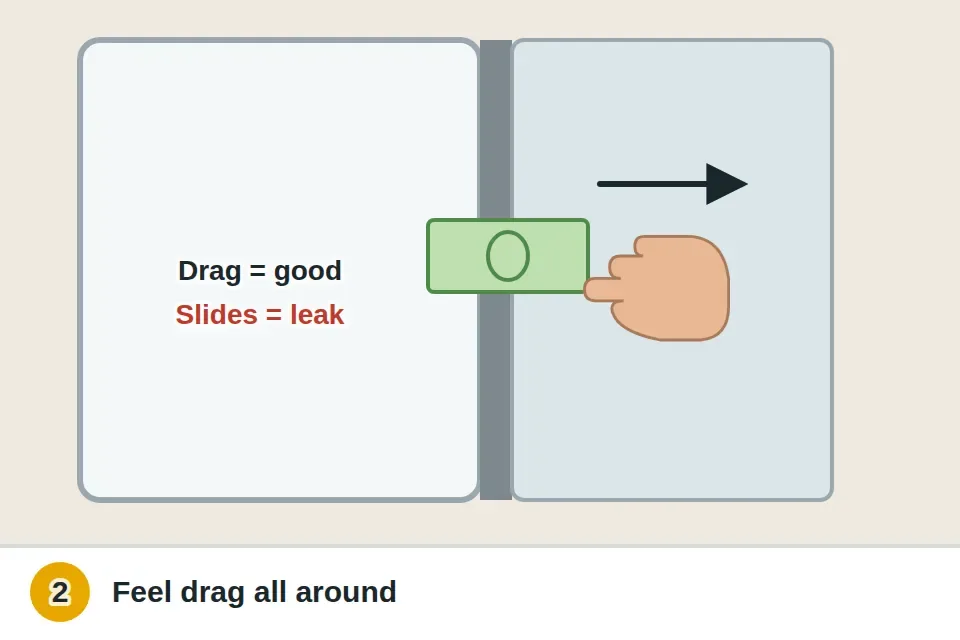 Door closed on a dollar bill half in and half out, being pulled to feel for drag, repeated around the hinge side and corners