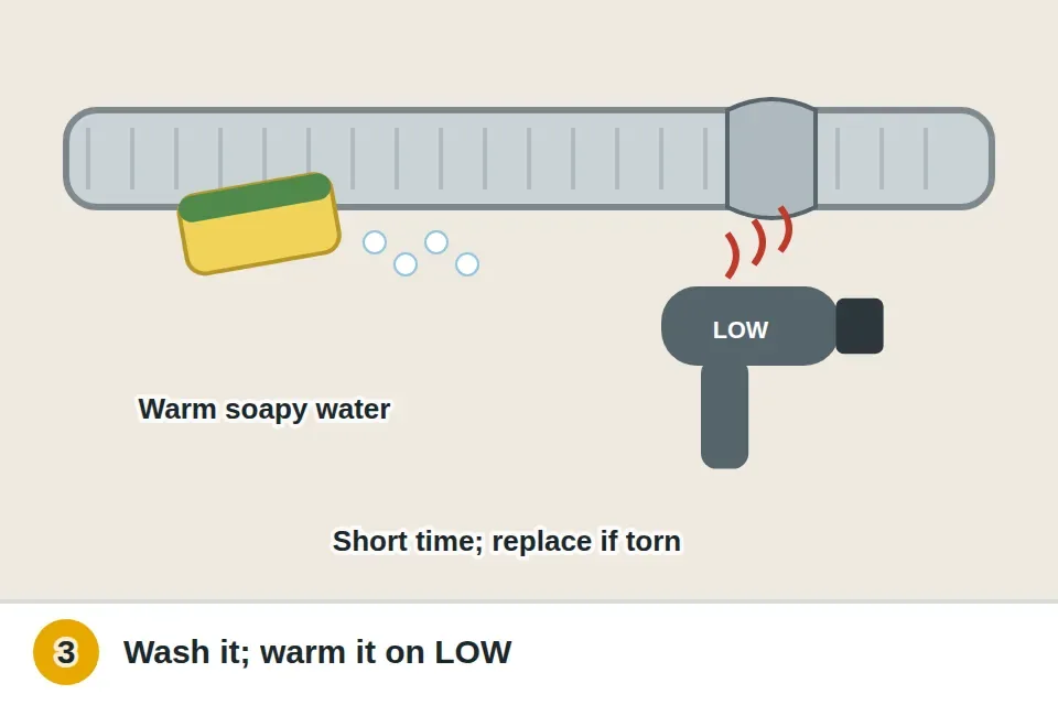 Sponge with warm soapy water wiping the door gasket, then a hair dryer on low warming a twisted section so it can reshape