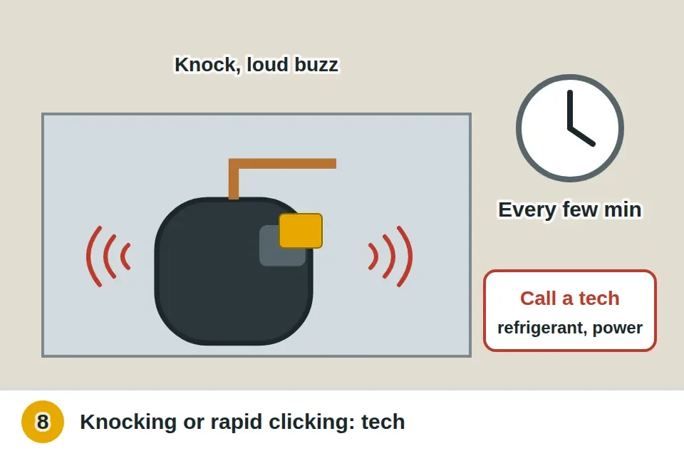 Compressor at the bottom back of the fridge with loud knocking or a heavy buzz, or clicking on and off every few minutes while the fridge doesn't cool, which calls for a technician