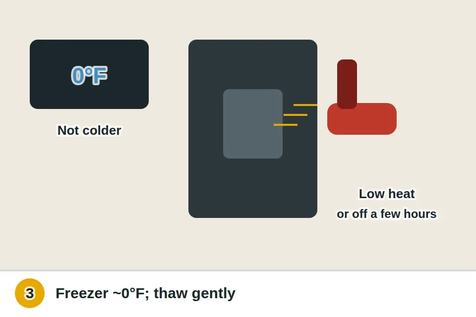 Freezer thermostat set around 0 degrees rather than colder, and a hair dryer on low aimed at the dispenser area for a few minutes, or the fridge turned off for a few hours