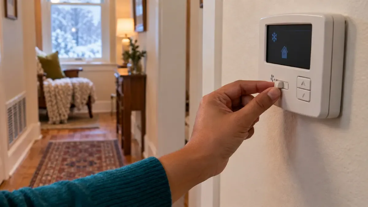 Sliding the fan switch on a hallway thermostat from on to auto