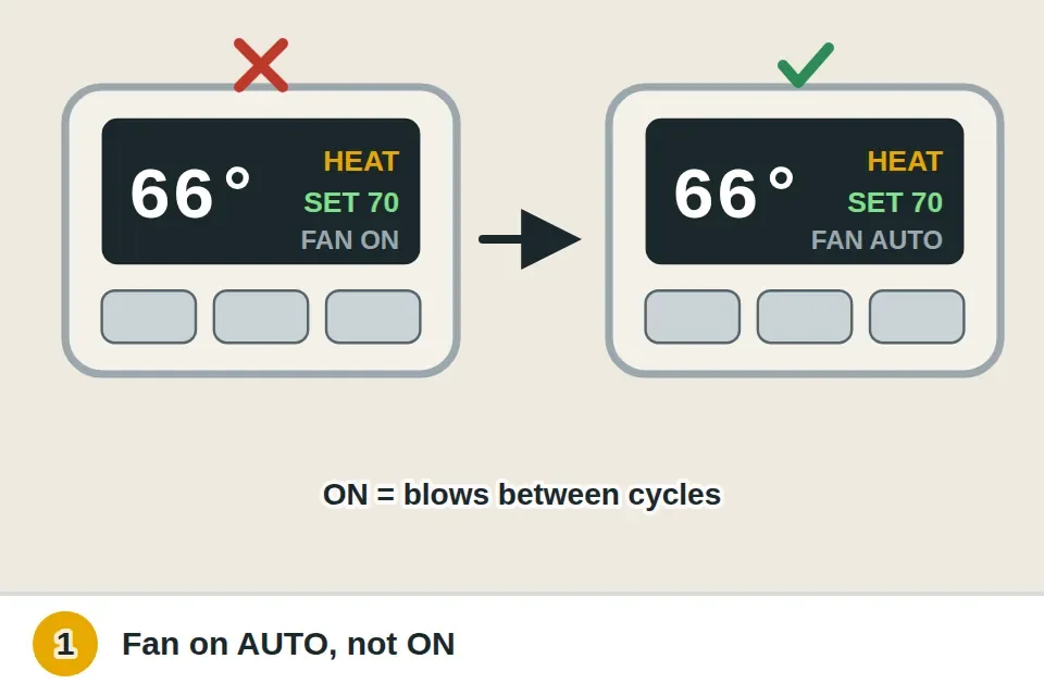 Thermostat with its fan switch moved from ON to AUTO so the blower only runs while the furnace is heating