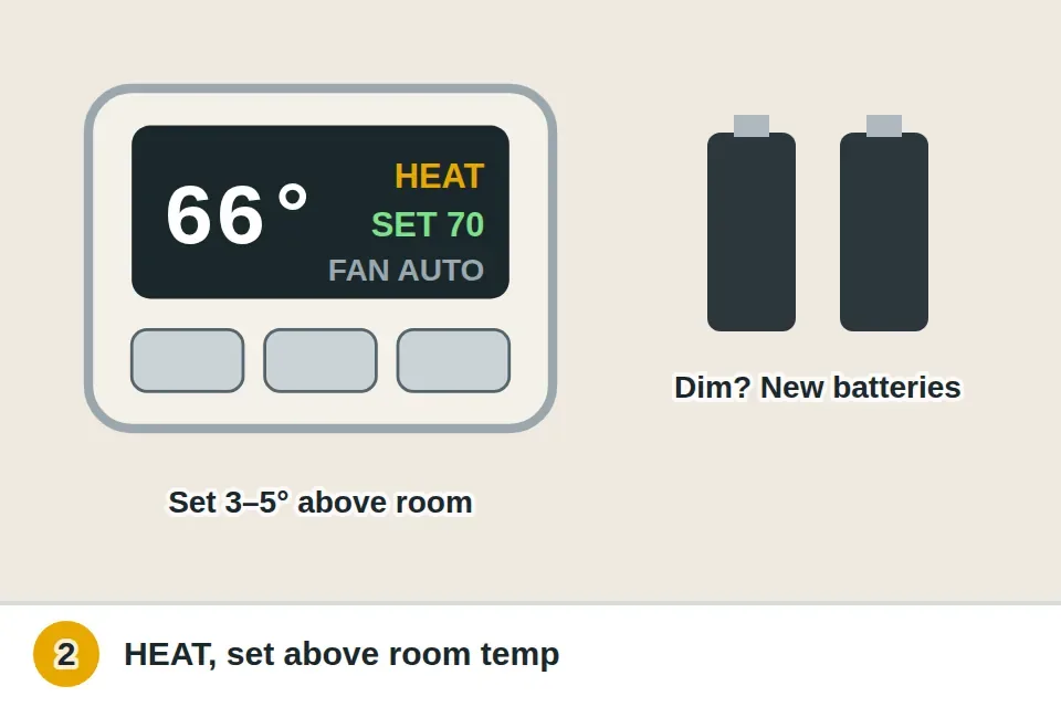 Thermostat set to HEAT with the setpoint a few degrees above room temperature, next to fresh batteries for a dim display
