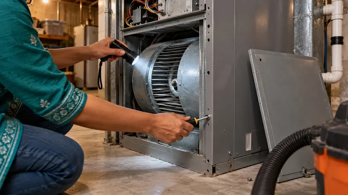 Shining a flashlight into a furnace blower compartment while tightening a cabinet screw