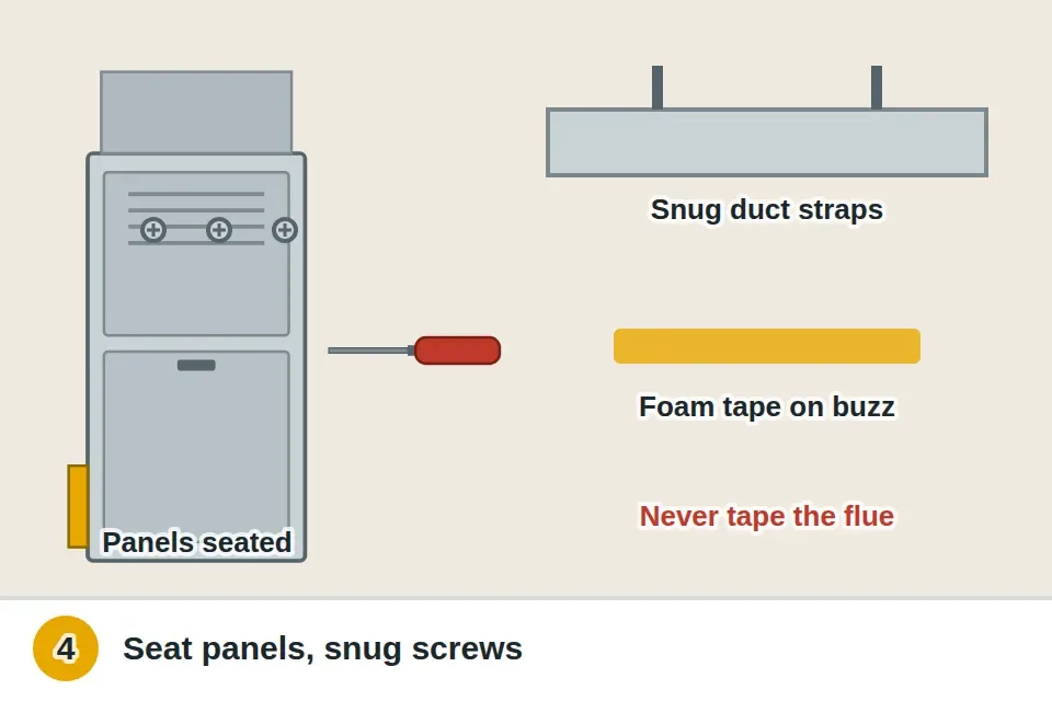 Furnace access panels pushed fully into place and their screws tightened, a loose duct strap snugged, and foam tape between two touching metal parts, with the flue pipe left untaped