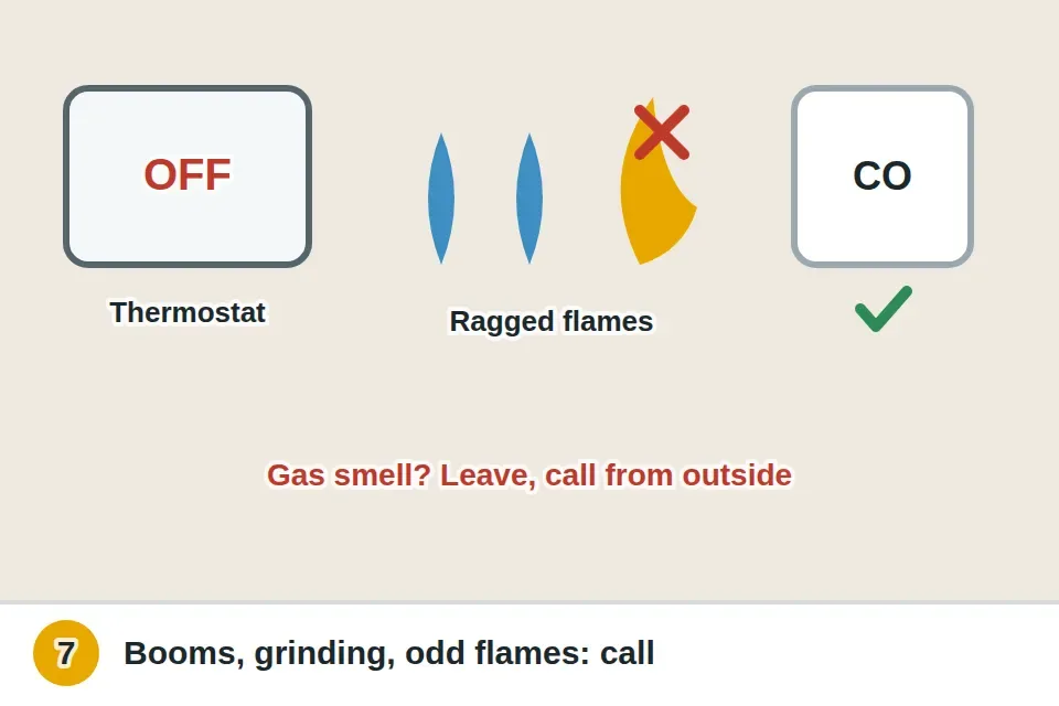 Furnace turned off at the thermostat with notes that a boom at ignition, grinding from a motor, or ragged lifting flames need a technician, a working carbon monoxide alarm, and a reminder to leave and call from outside if gas is smelled