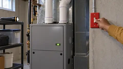 A hand flipping the red furnace service switch on the wall beside a gas furnace with a green status light
