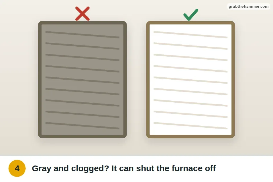 Gray, dust-clogged furnace filter pulled out of its slot next to a clean new one