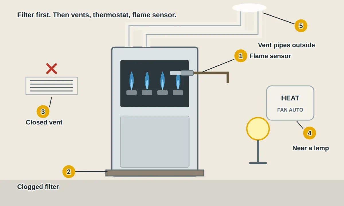 A gas furnace with its panel off: the burners and the flame sensor rod in front of them, the air filter at the blower, a closed supply vent, a thermostat near a lamp, and the two plastic vent pipes running outside.