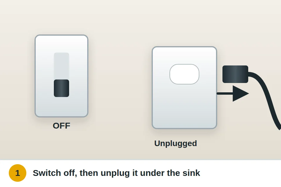 Garbage disposal plug pulled from the outlet under the sink, with the wall switch turned off
