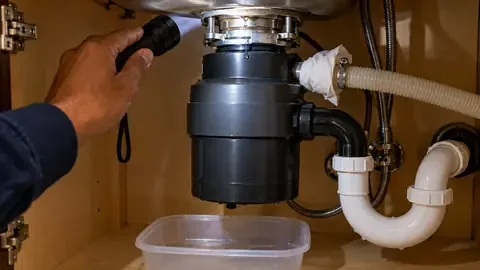 A flashlight lighting a garbage disposal under a sink, with a paper towel around the dishwasher hose connection and a tub below