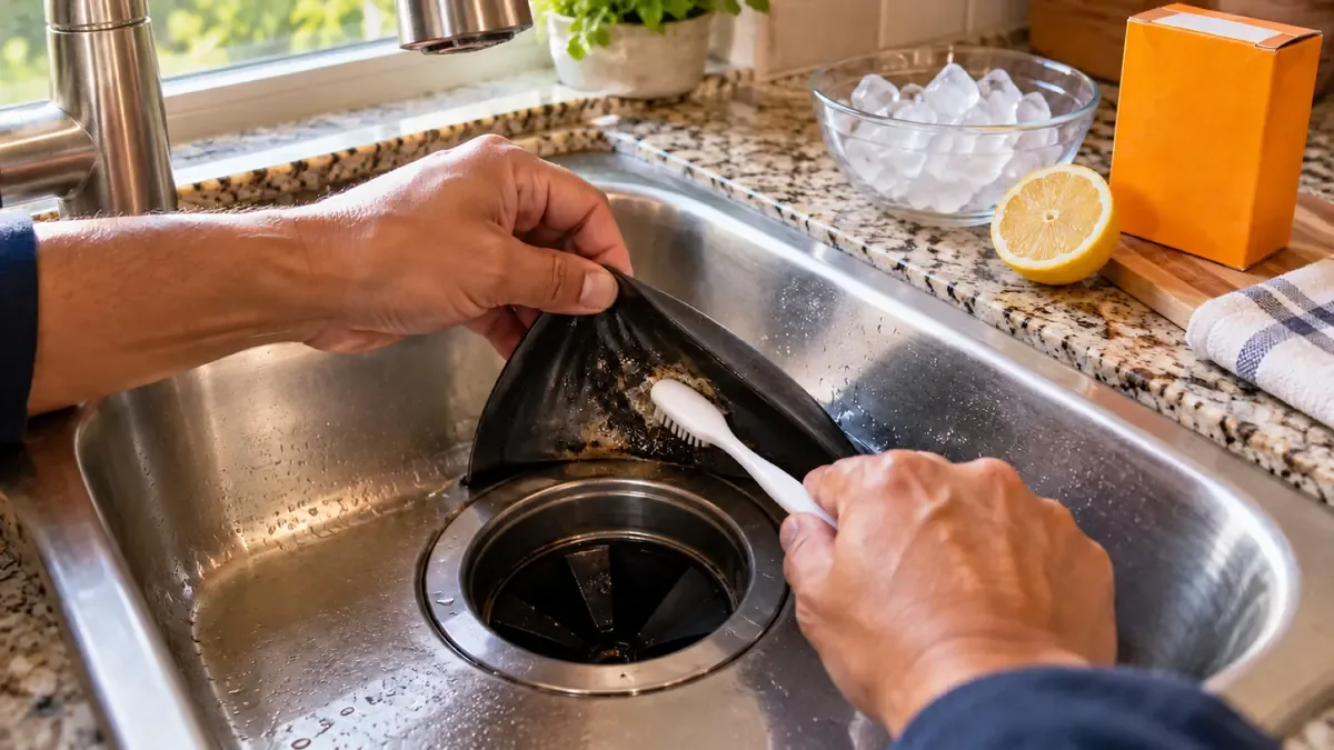 Scrubbing grime off the underside of a garbage disposal splash guard with a toothbrush
