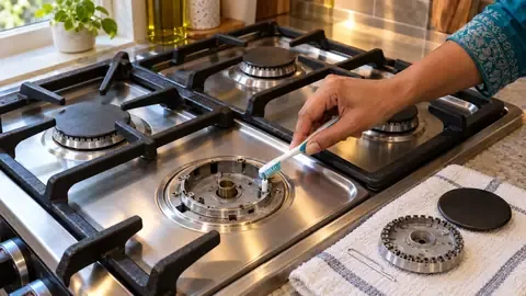 Brushing the igniter beside a gas burner base with the cap and head set aside on a towel