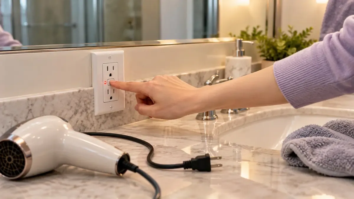 Pressing the reset button on a bathroom GFCI outlet with an unplugged hair dryer on the counter