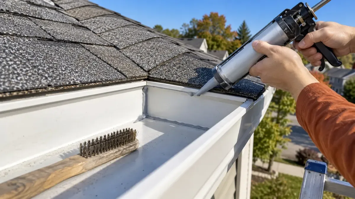 Running a bead of gutter sealant along a seam inside a clean white gutter from a ladder