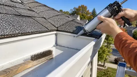 Running a bead of gutter sealant along a seam inside a clean white gutter from a ladder