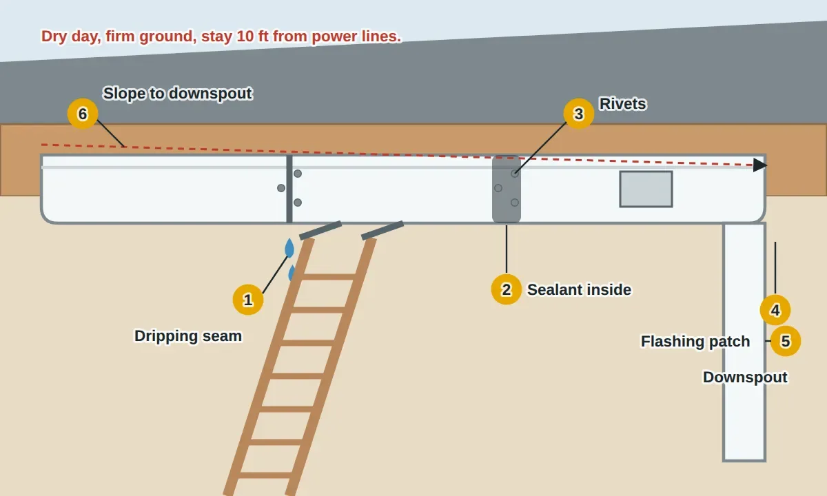 A run of K-style gutter along the fascia under the roof edge: a seam between two sections dripping water, old cracked sealant scraped off, rivets holding the joint, a bead of gutter sealant smoothed along the inside of the seam over the rivets, a corner and end cap that also get sealed, a small hole patched with aluminum flashing bedded in sealant, the downspout outlet, and the gutter's slope toward the downspout. A ladder with a stabilizer stands on firm ground.