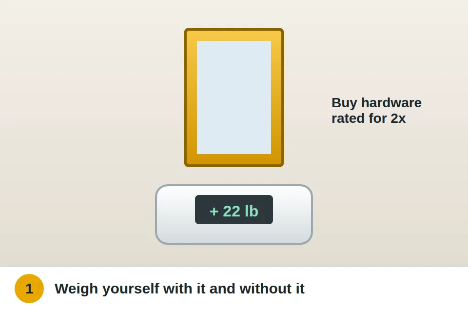 Person weighing themselves holding a mirror, then without it, on a bathroom scale