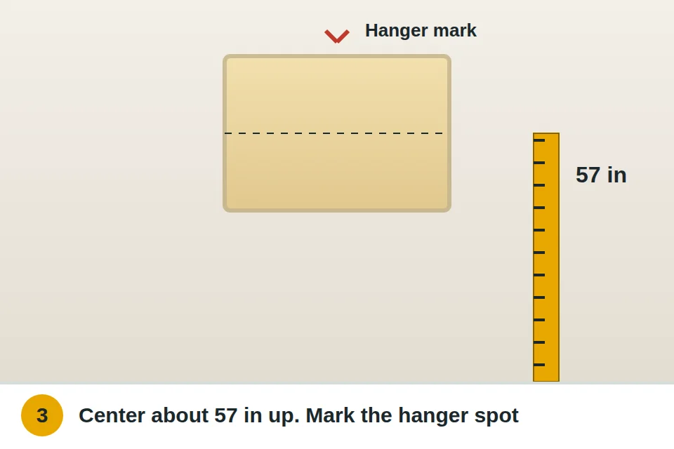Tape measure from the floor marking the hanger spot so the art's center sits about 57 inches up