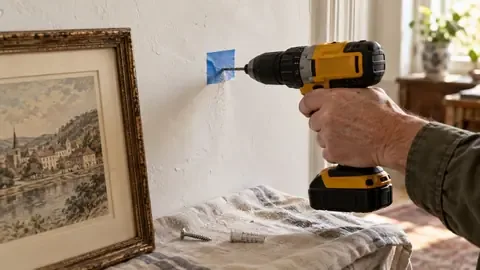 A drill making a pilot hole through painter's tape on a plaster wall, with a framed print waiting to be hung