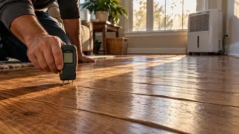 Checking a cupped oak floorboard with a moisture meter while a dehumidifier runs nearby