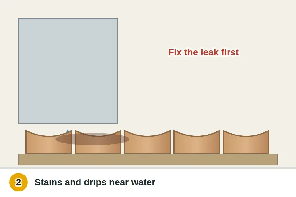 Kitchen dishwasher and sink beside the cupped area with a stain spreading on the floor boards and a drip from a supply line