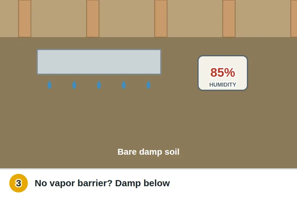 Crawlspace under the room with bare damp soil, no vapor barrier, a sweating duct, and a hygrometer reading high humidity