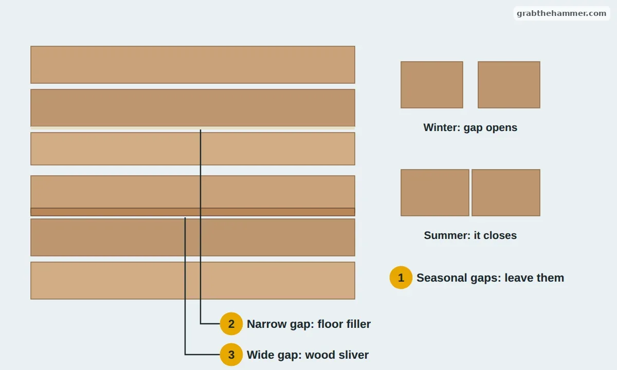 Hardwood boards with a narrow gap filled with floor filler and a wide gap filled with a wood sliver, and boards shrinking in winter and swelling in summer