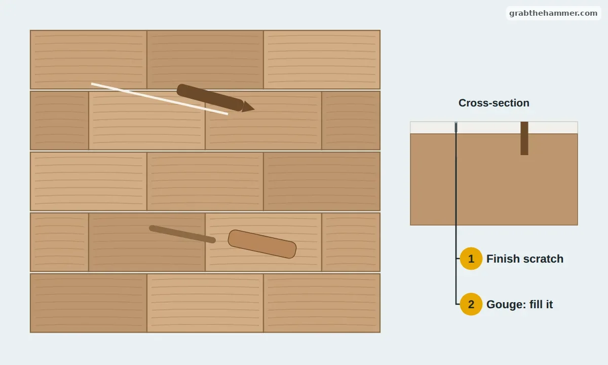Hardwood floor with a light scratch in the finish being colored with a stain marker and a deeper gouge filled with a wax stick, plus a cross-section of finish over wood