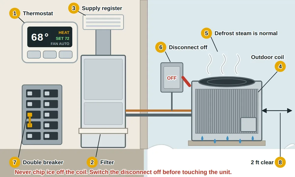 A heat pump system in winter: inside, the thermostat set to HEAT with the fan on AUTO, the indoor air handler with its filter slot and the supply register, and the breaker panel with the heat pump's double breaker. Outside, the outdoor unit sits on its pad with snow cleared about two feet around it, steam rising from the coil during a normal defrost cycle, and the outdoor disconnect switched off before anyone touches the unit.