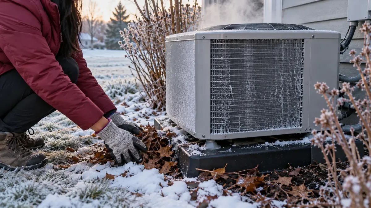 Clearing leaves and snow from the base of a frosty outdoor heat pump in defrost