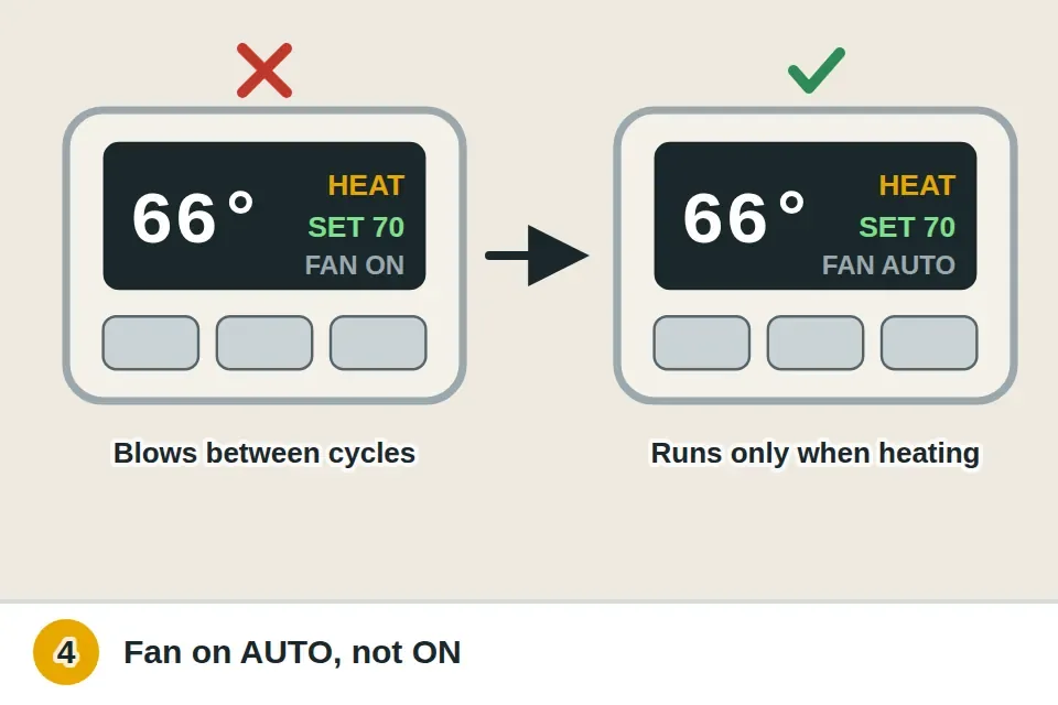 Thermostat with the fan switched from ON, which blows cool air between cycles, to AUTO so the blower runs only while heating