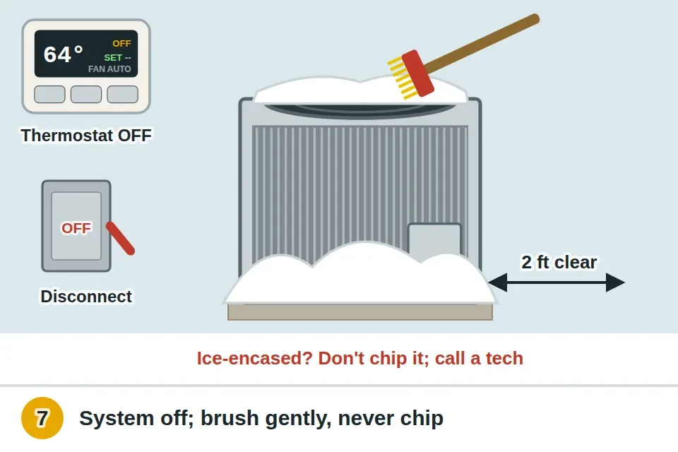 Thermostat turned off and the outdoor disconnect switched off, then snow brushed gently off the top and sides of the heat pump by hand with a soft brush, with two feet cleared around it and no chipping at ice