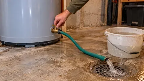 A garden hose on a water heater's drain valve running cloudy water into a floor drain, with a bucket beside it