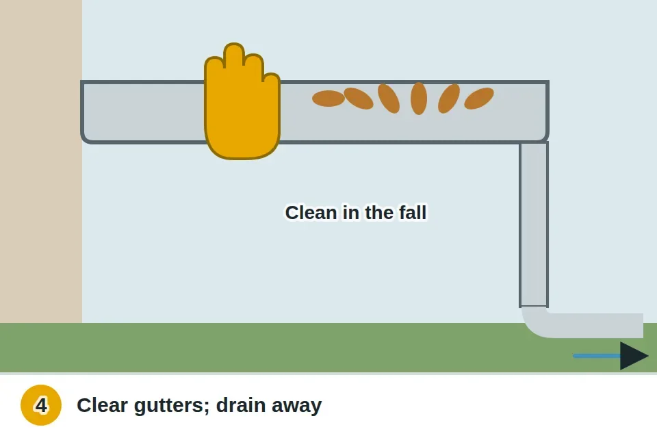 Gutter cleared of leaves by a gloved hand in the fall, with the downspout open and an extension carrying meltwater away from the house