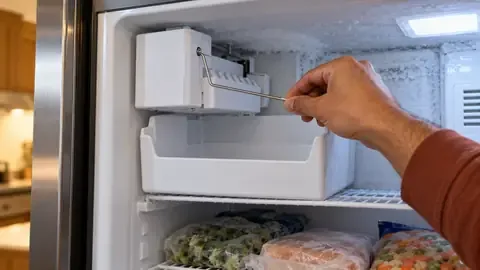 Lowering the wire shutoff arm on a freezer ice maker above an empty ice bin
