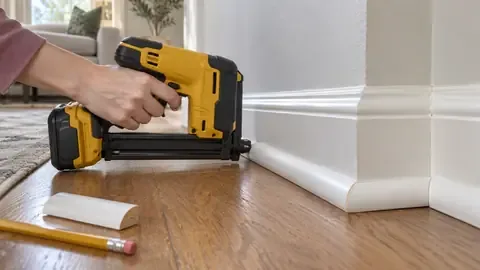 Brad nailer firing into white quarter round molding along a baseboard over an oak floor