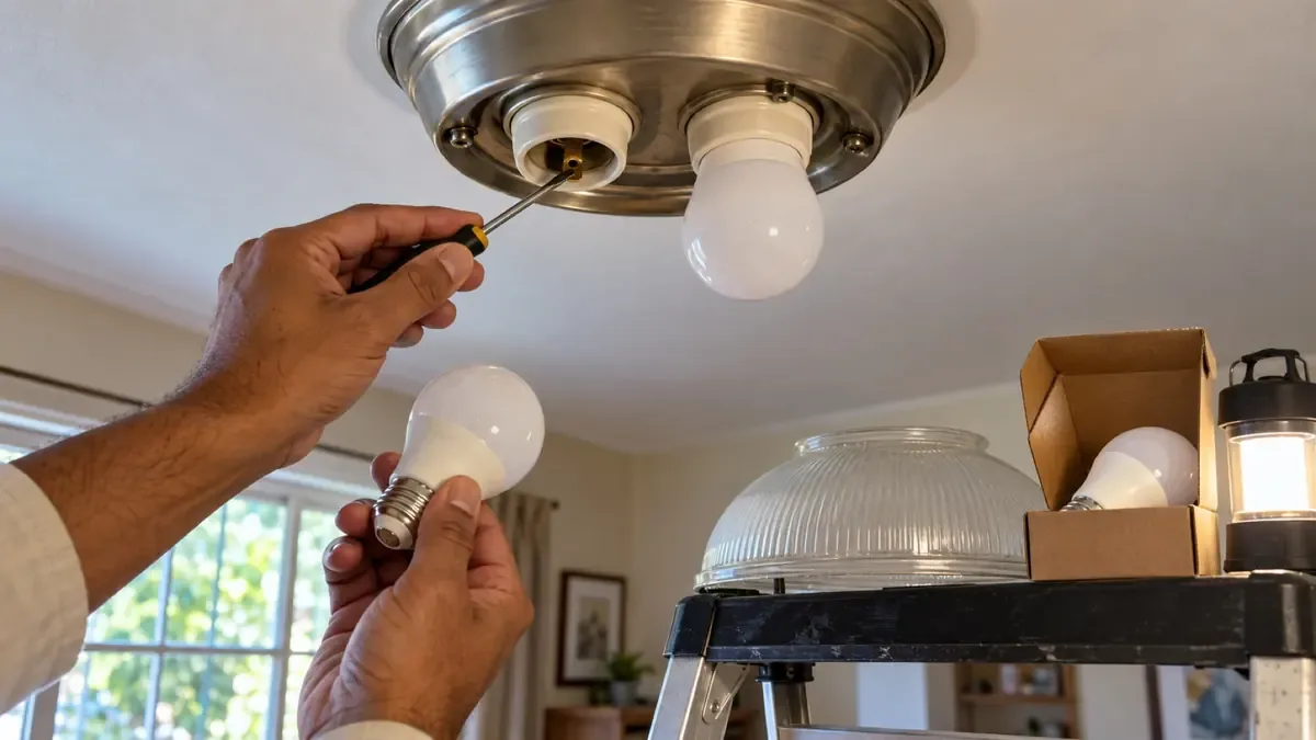 Gently lifting the tab in a ceiling fixture socket with a small screwdriver, power off