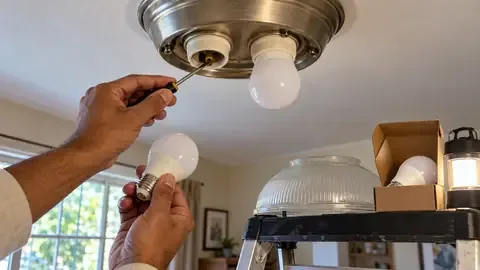 Gently lifting the tab in a ceiling fixture socket with a small screwdriver, power off