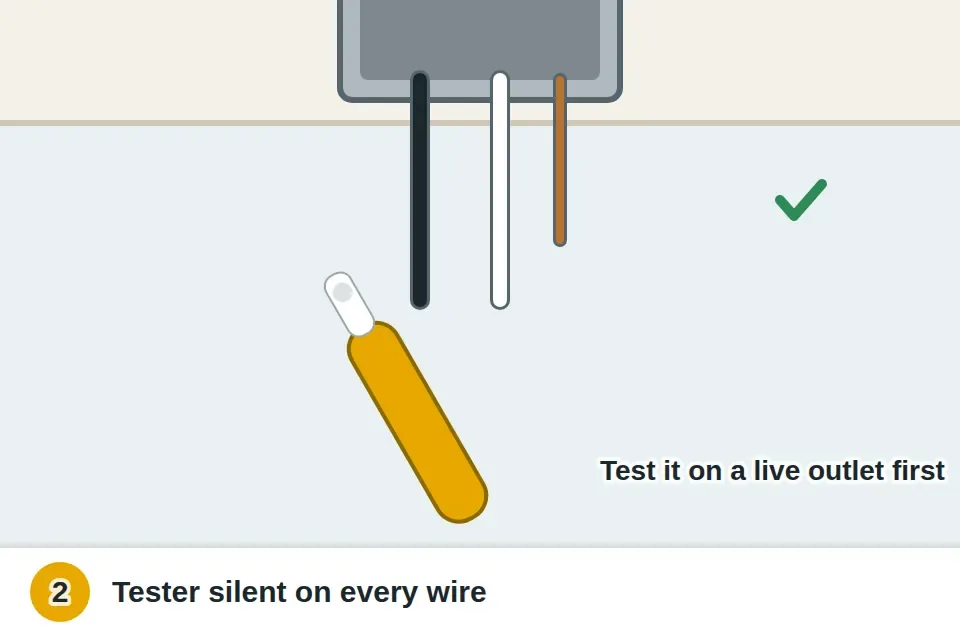 Non-contact voltage tester held against the black wire of the old fixture, staying silent