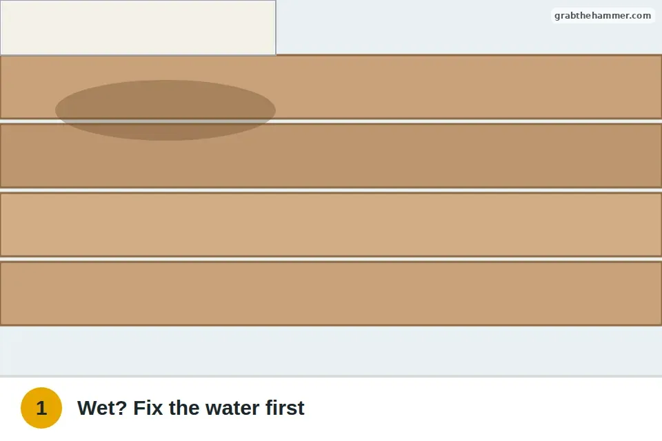 Hardwood board checked near a sink cabinet for dark stains, swelling or cupping