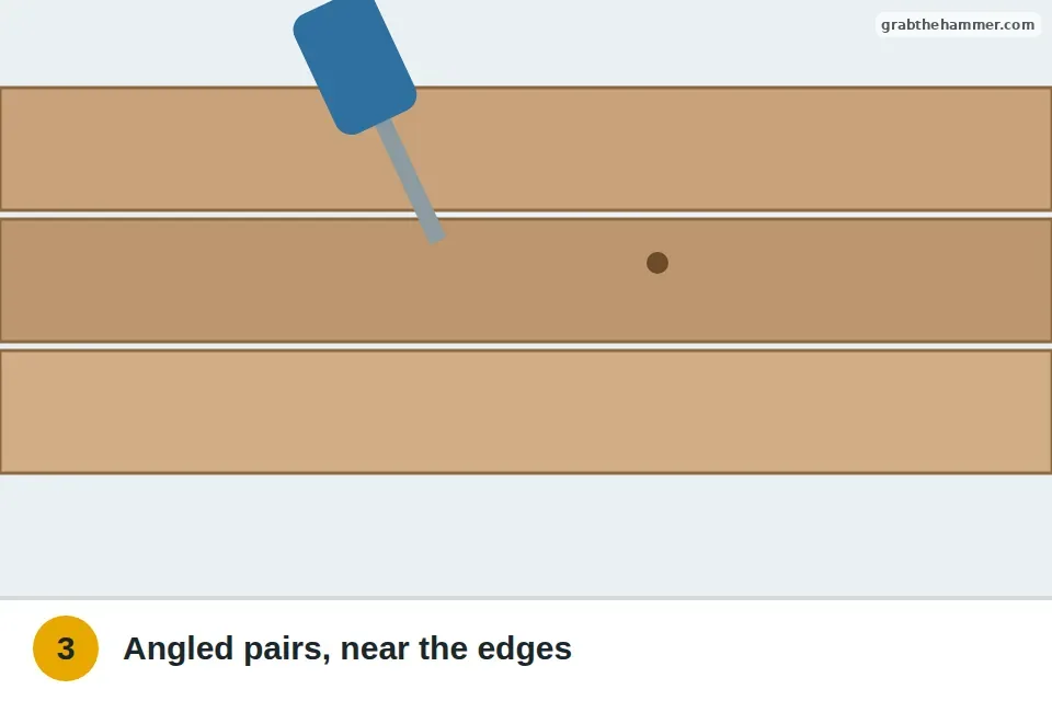 Drill making angled pilot holes in pairs through a loose hardwood board