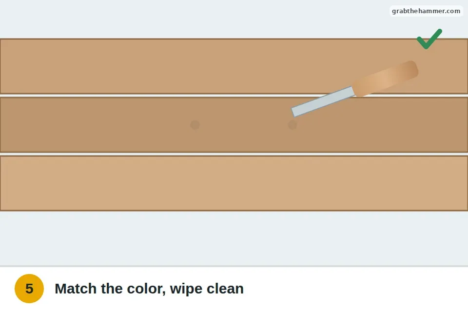 Putty knife pressing color-matched wood filler into set nail holes in a hardwood board